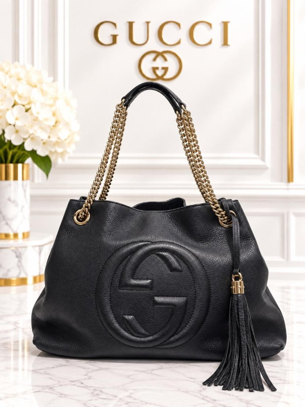 Authentic Gucci Soho Black Leather Chain Shoulder Bag – Gold Hardware